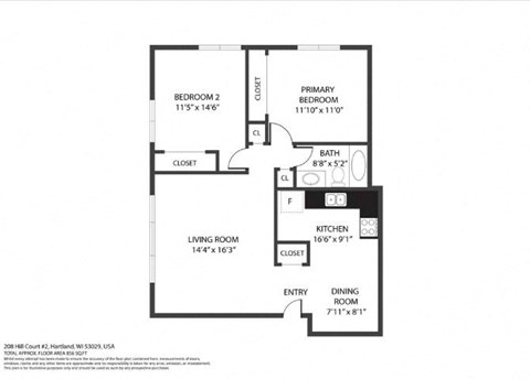 Floor plan for 2 beds, 1 bath, 950 sqft